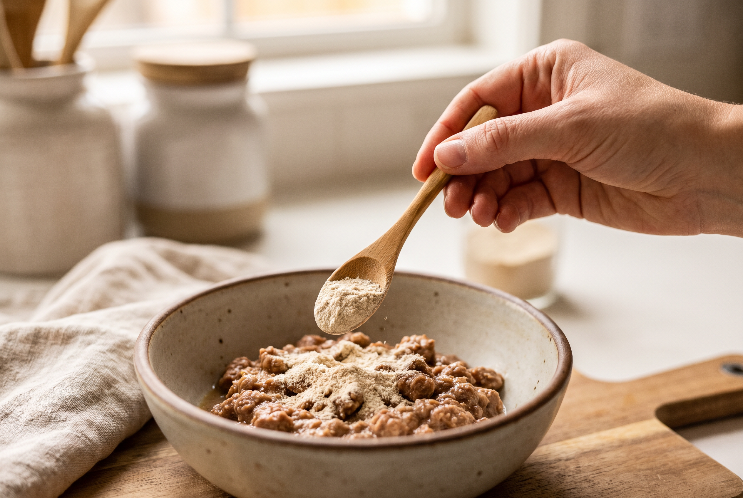 A fine beige postbiotic powder being stirred into a small spoonful of wet dog food in a ceramic bowl