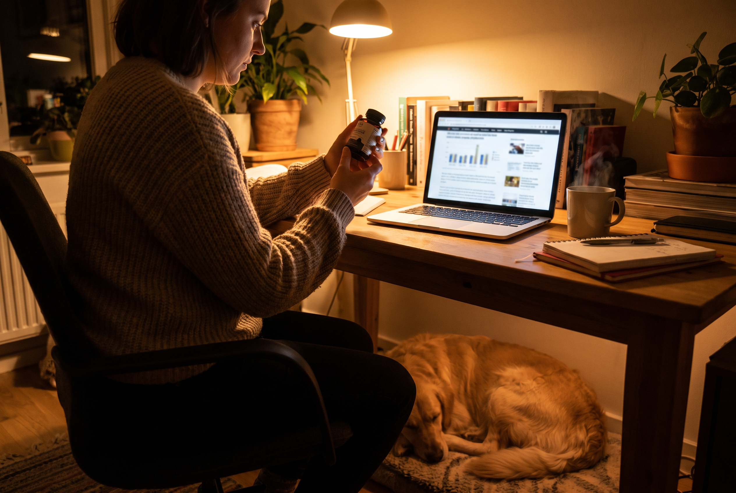 A person reading a dog supplement label at a desk with research on a laptop and a golden retriever resting nearby