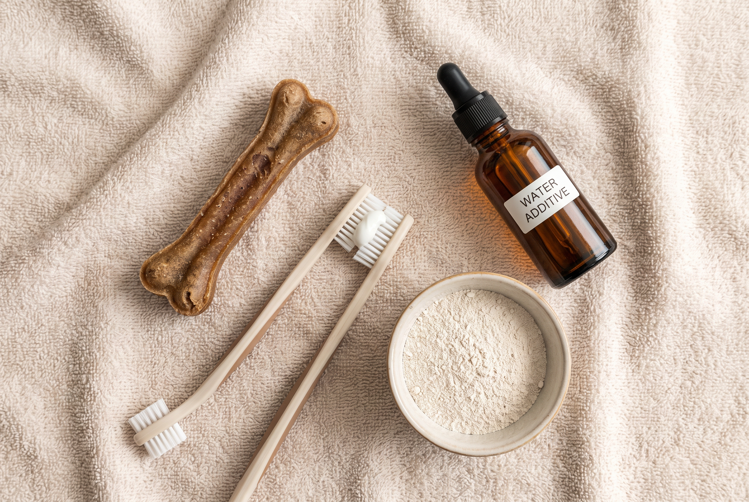 Flat-lay of dog oral care items: a dental chew, toothbrush with enzymatic toothpaste, a water additive bottle, and a small bowl of powder