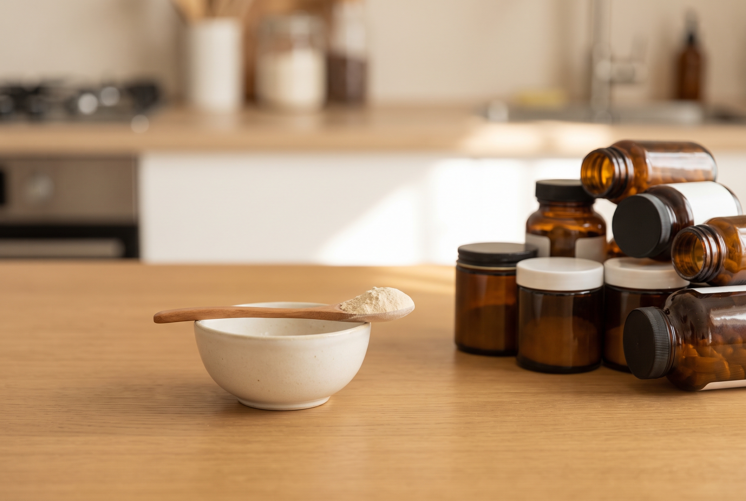 A single spoonful of powder in a small bowl contrasted with a cluttered stack of supplement bottles pushed aside