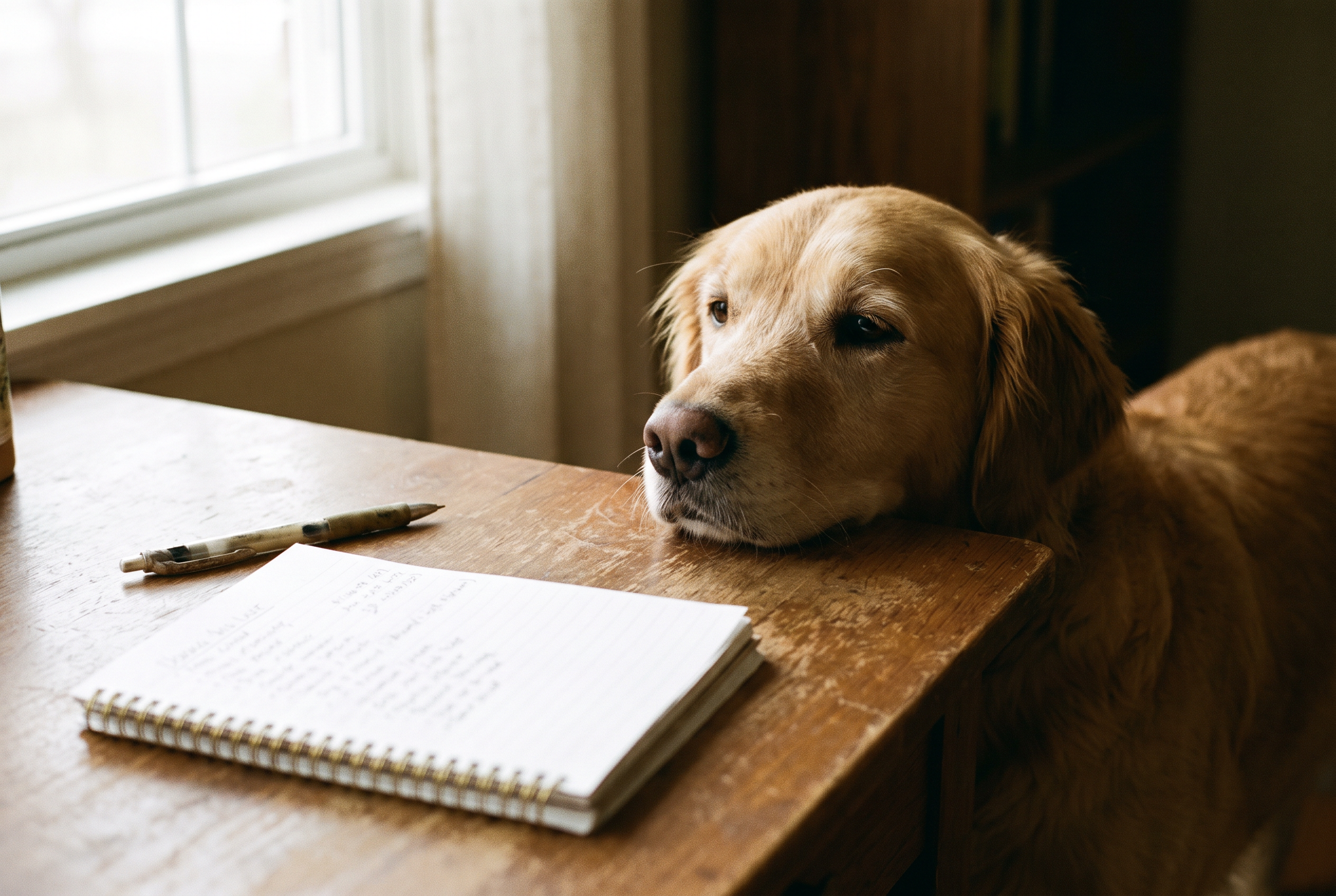 Golden retriever resting its head near an open notebook with a handwritten checklist and pen on a wooden desk