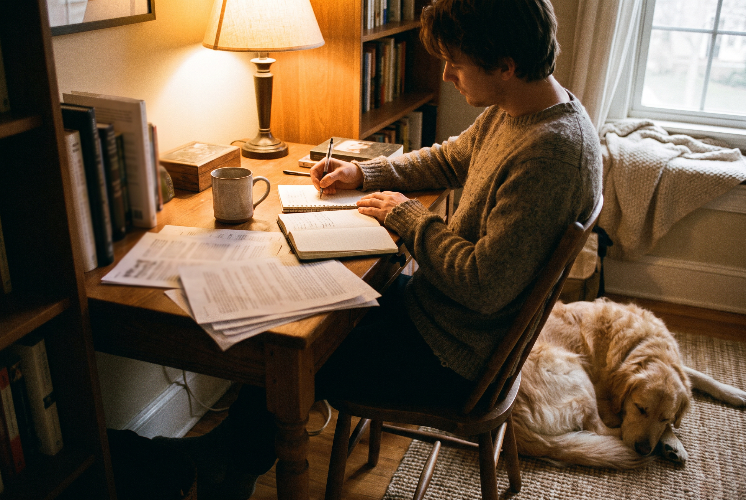 A person taking handwritten notes at a desk with printed articles and a mug while a golden retriever sleeps at their feet