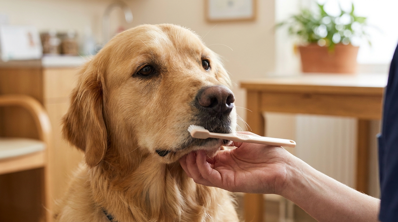 Senior golden retriever standing in grass, owner watching for normal stool consistency on morning walk