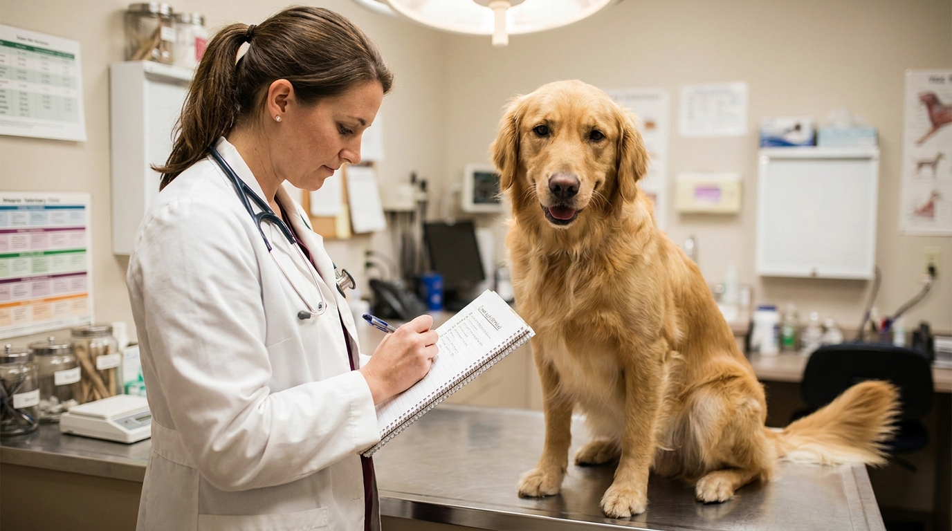Close-up of golden retriever's teeth being checked during at-home dental inspection