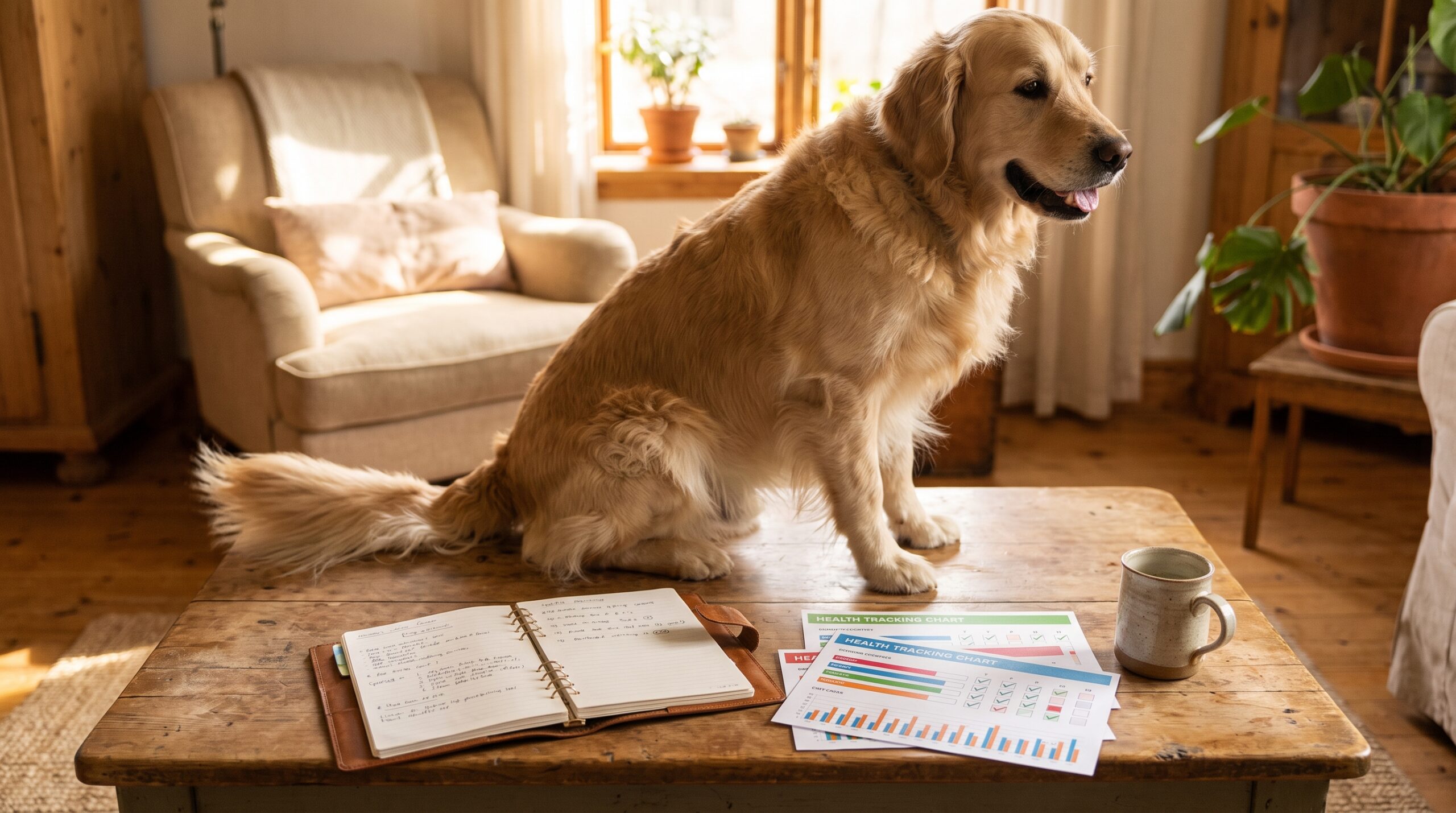 Photo of one year of tracking golden retriever Biscuit's health data