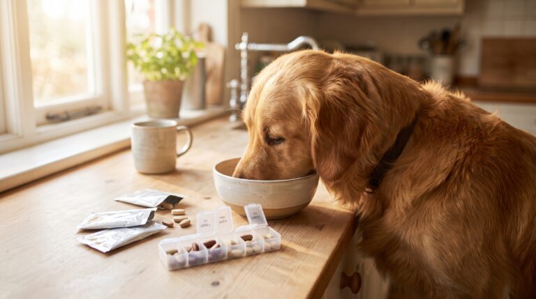 Photo of golden retriever Biscuit's 2026 daily supplement routine