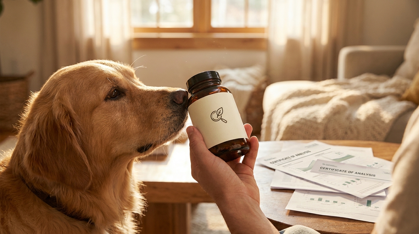 Weekly pill organizer and small notebook on a kitchen counter for a senior dog's morning routine